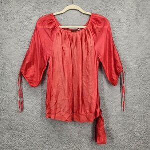 Artisans Angkor Red 100% Pure Silk Pleated Tie Sleeve Blouse Womens Medium
